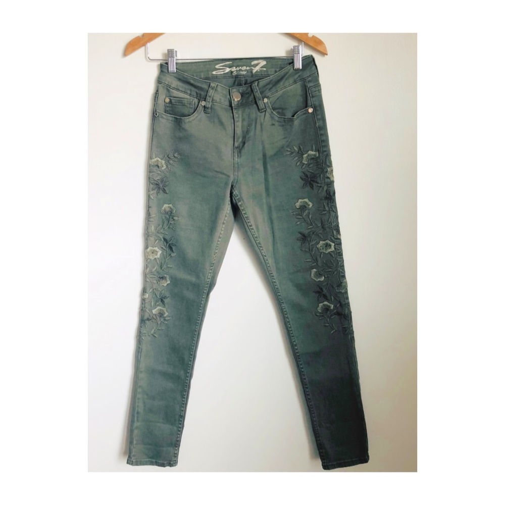 Seven 7 olive embroidered floral skinny jeans